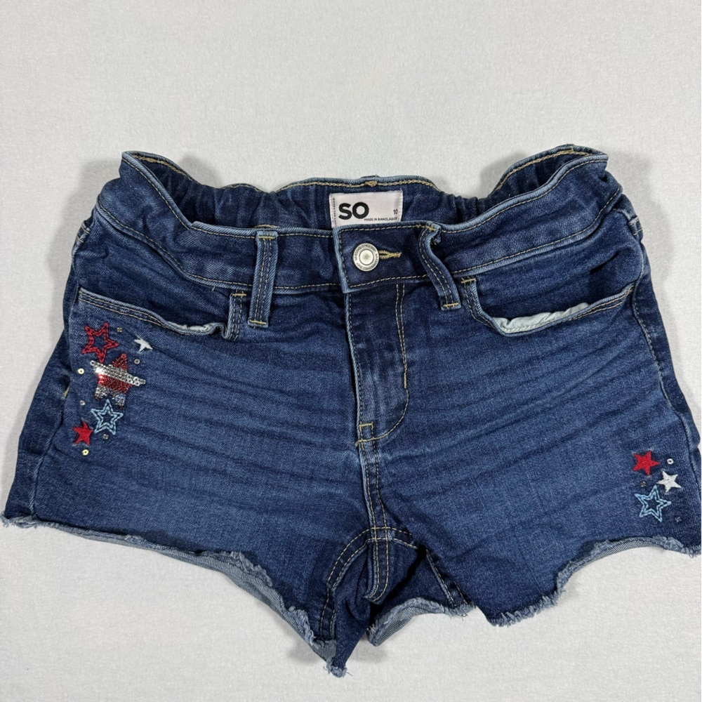 SO Girls’ Blue Denim Shorts with Star Red White and Blue Patriotic Size 10